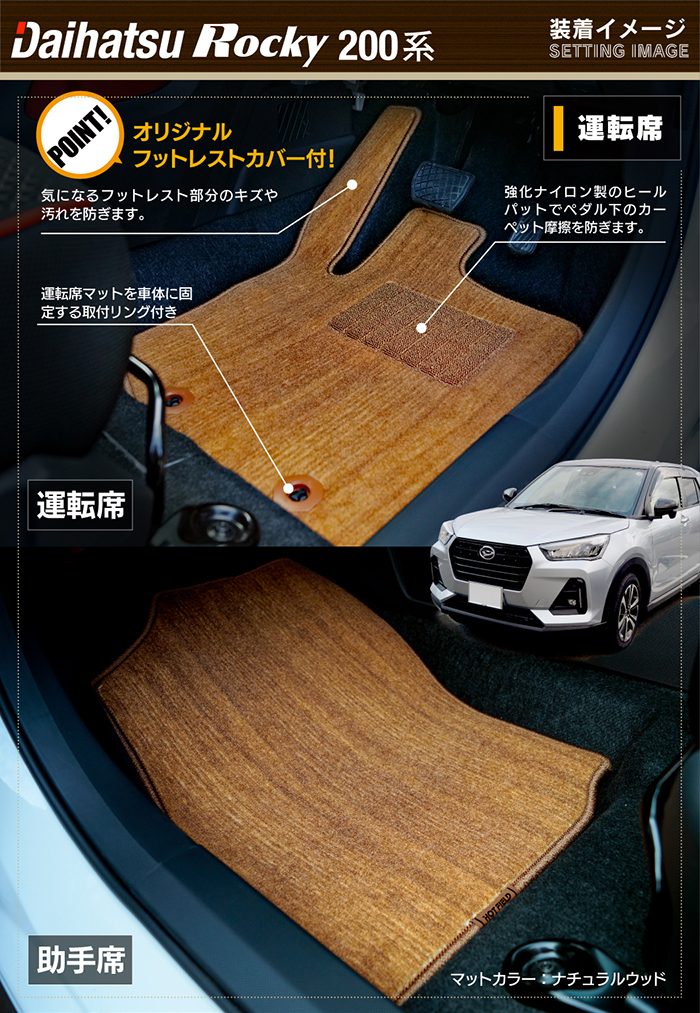ダイハツ 新型 ロッキー 200系 フロアマット+トランクマット ラゲッジマット ◆ウッド調カーペット 木目 日本製 HOTFIELD
