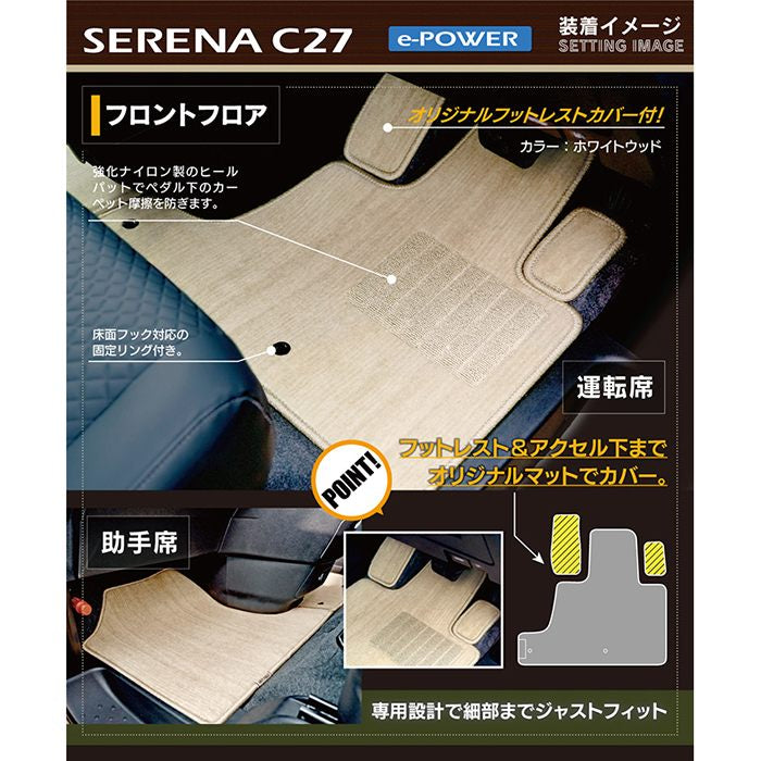 日産 セレナ C27 e-POWER フロアマット+ステップマット+トランクマット ラゲッジマット ◆ウッド調カーペット 木目 日本製 HOTFIELD