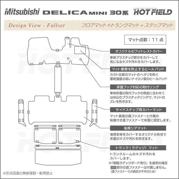 三菱 デリカミニ 30系 フロアマット+ステップマット+トランクマット ラゲッジマット  ◆ウッド調カーペット 木目 日本製 HOTFIELD