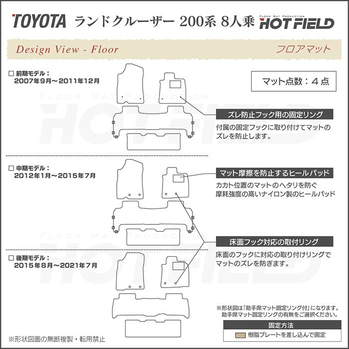 トヨタ ランドクルーザー200系 ランクル200 8人乗 フロアマット ◆カーボンファイバー調 リアルラバー 日本製 HOTFIELD
