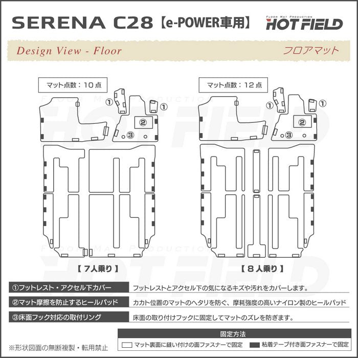 日産 新型対応 セレナ C28系 e-POWER フロアマット＋ステップマット＋トランクマット ラゲッジマット ◆カーボンファイバー調 リアルラバー 日本製 HOTFIELD