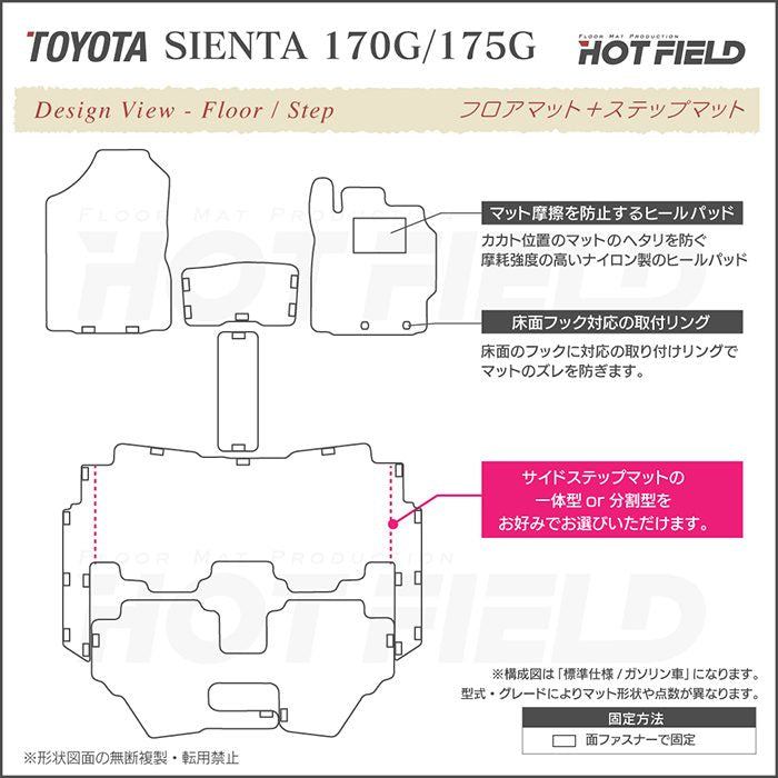 トヨタ シエンタ 6人乗り 7人乗り 170系 170G/175G フロアマット+ステップマット+トランクマット ラゲッジマット ◆ウッド調カーペット 木目 日本製 HOTFIELD